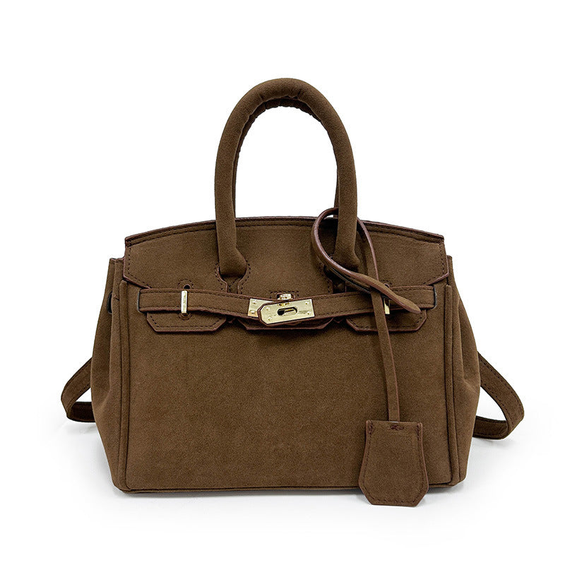 Polished Suede Leather Shoulder Bag with Gold Hardware
