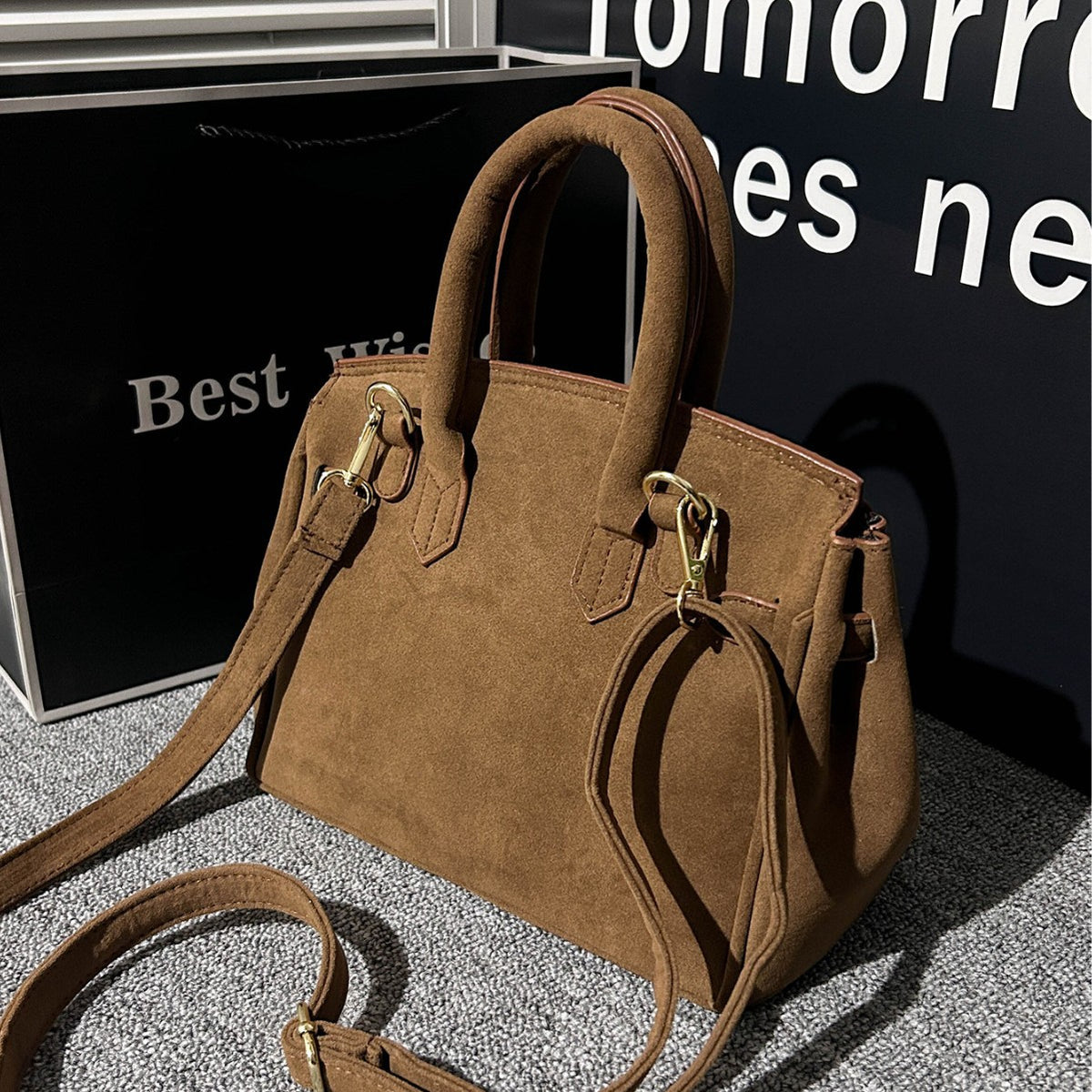 Polished Suede Leather Shoulder Bag with Gold Hardware