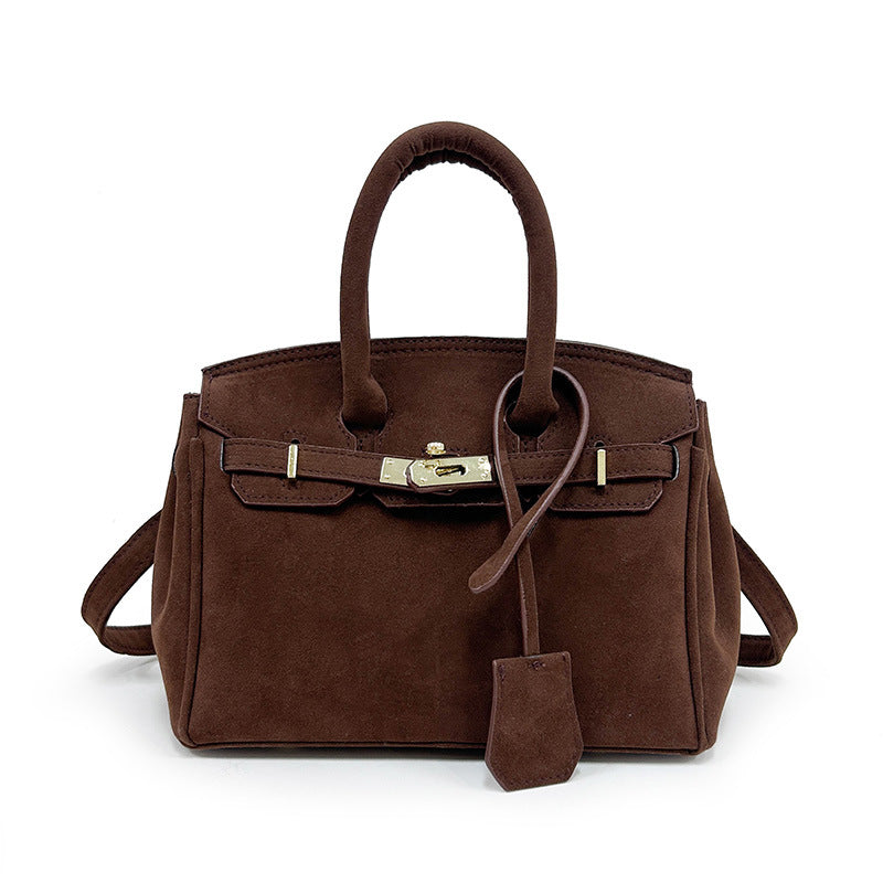 Polished Suede Leather Shoulder Bag with Gold Hardware