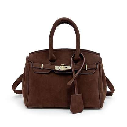 Polished Suede Leather Shoulder Bag with Gold Hardware