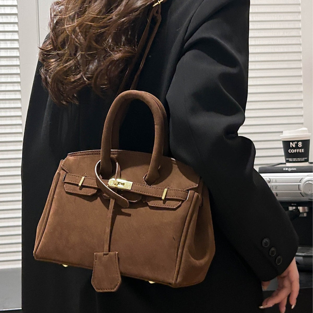 Polished Suede Leather Shoulder Bag with Gold Hardware
