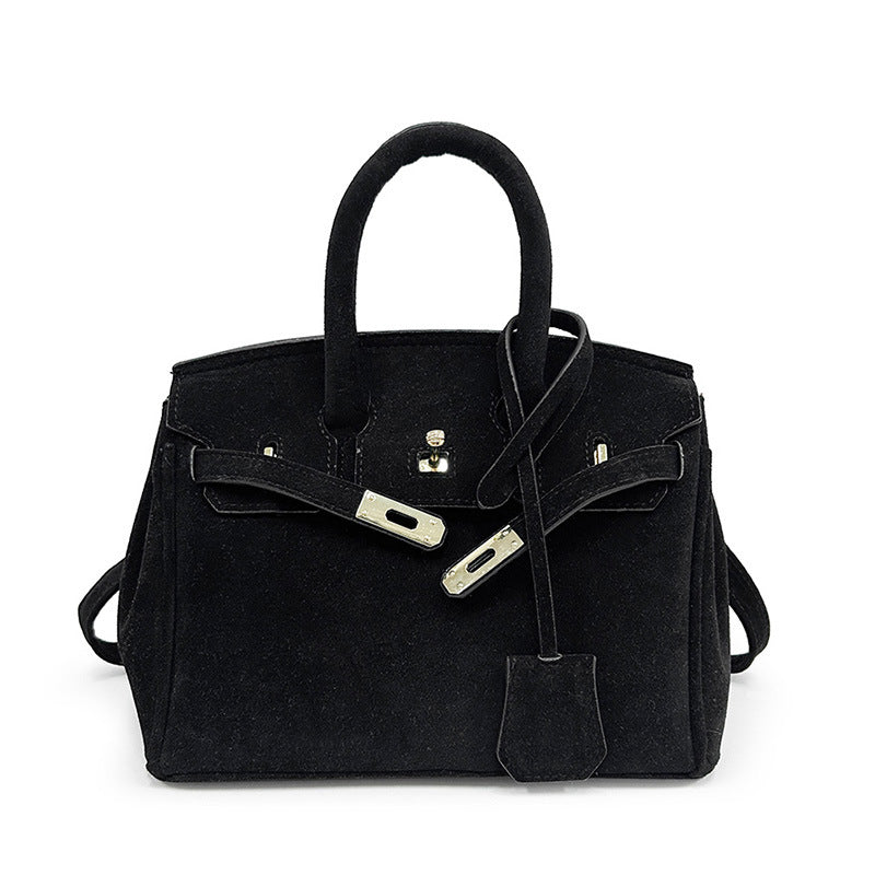 Polished Suede Leather Shoulder Bag with Gold Hardware