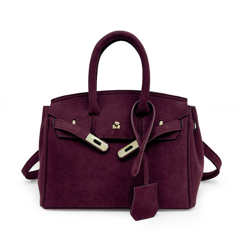 Polished Suede Leather Shoulder Bag with Gold Hardware