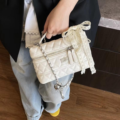 Quilted Leather Top Handle Bag with Chain Strap and Turn-Lock Closure