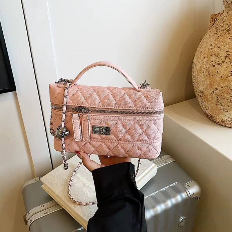 Quilted Leather Top Handle Bag with Chain Strap and Turn-Lock Closure