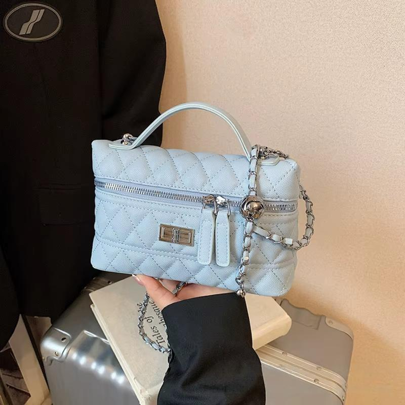 Quilted Leather Top Handle Bag with Chain Strap and Turn-Lock Closure
