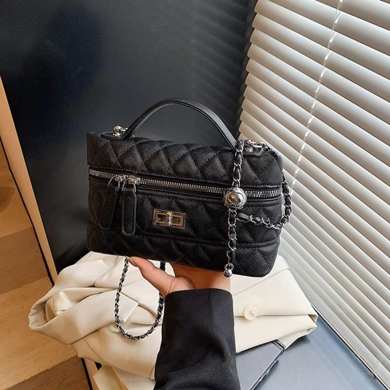 Quilted Leather Top Handle Bag with Chain Strap and Turn-Lock Closure