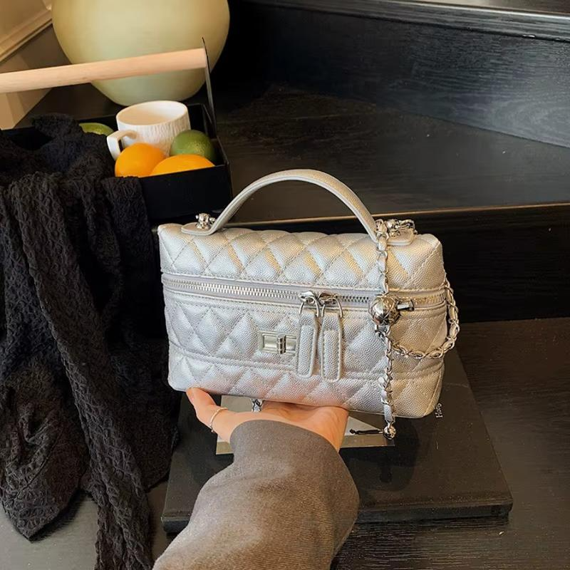 Quilted Leather Top Handle Bag with Chain Strap and Turn-Lock Closure