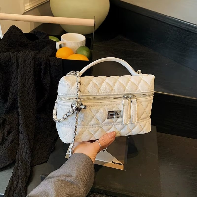Quilted Leather Top Handle Bag with Chain Strap and Turn-Lock Closure