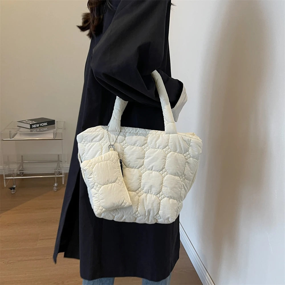 Quilted Puffer Tote Bag with Removable Mini Pouch