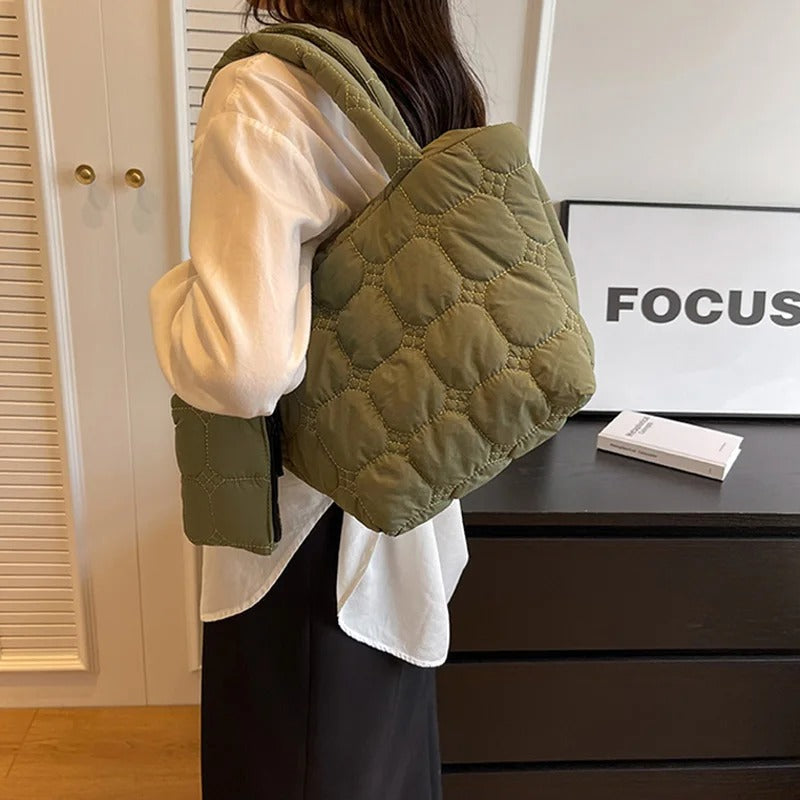 Quilted Puffer Tote Bag with Removable Mini Pouch