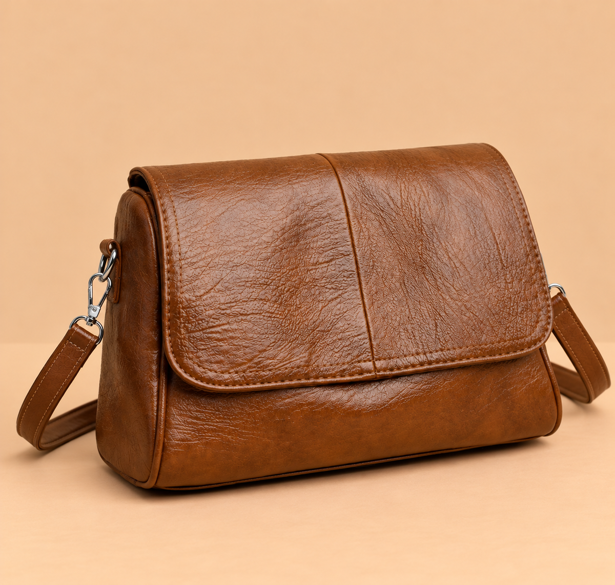 Relaxed Leather Crossbody Bag with Flap Closure