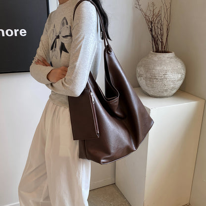 Relaxed Leather Shoulder Bag with Removable Pouch