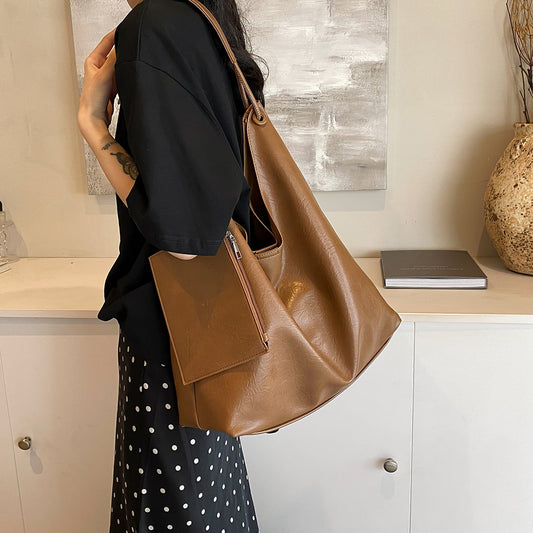 Relaxed Leather Shoulder Bag with Removable Pouch