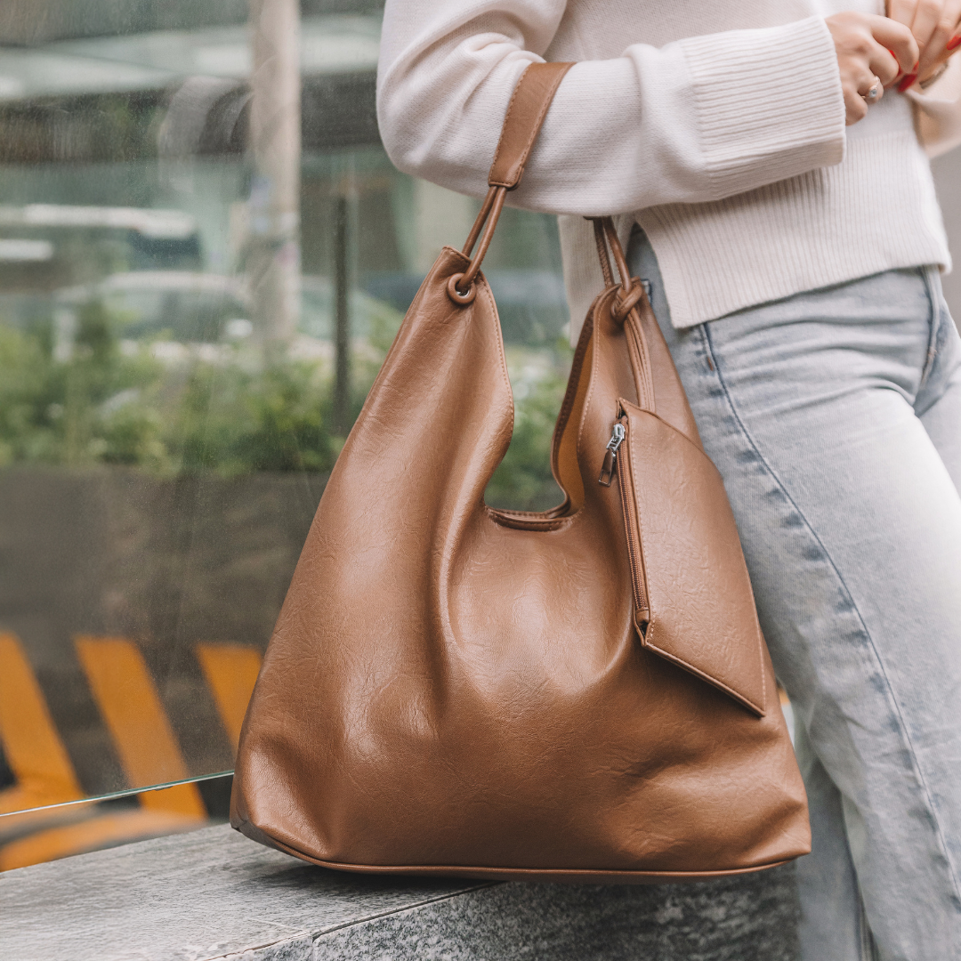 Relaxed Leather Shoulder Bag with Removable Pouch