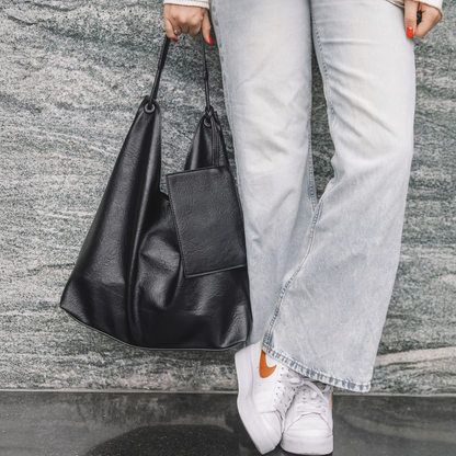 Relaxed Leather Shoulder Bag with Removable Pouch
