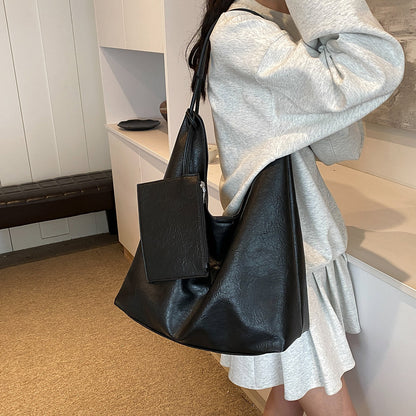 Relaxed Leather Shoulder Bag with Removable Pouch