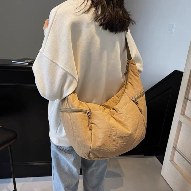 Relaxed Puffer Shoulder Bag with Adjustable Strap and Zip Pockets