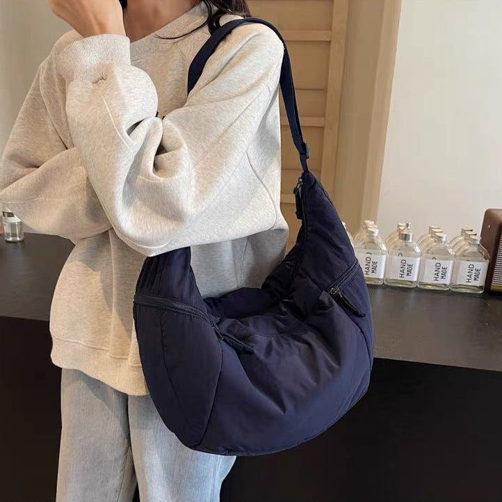 Relaxed Puffer Shoulder Bag with Adjustable Strap and Zip Pockets