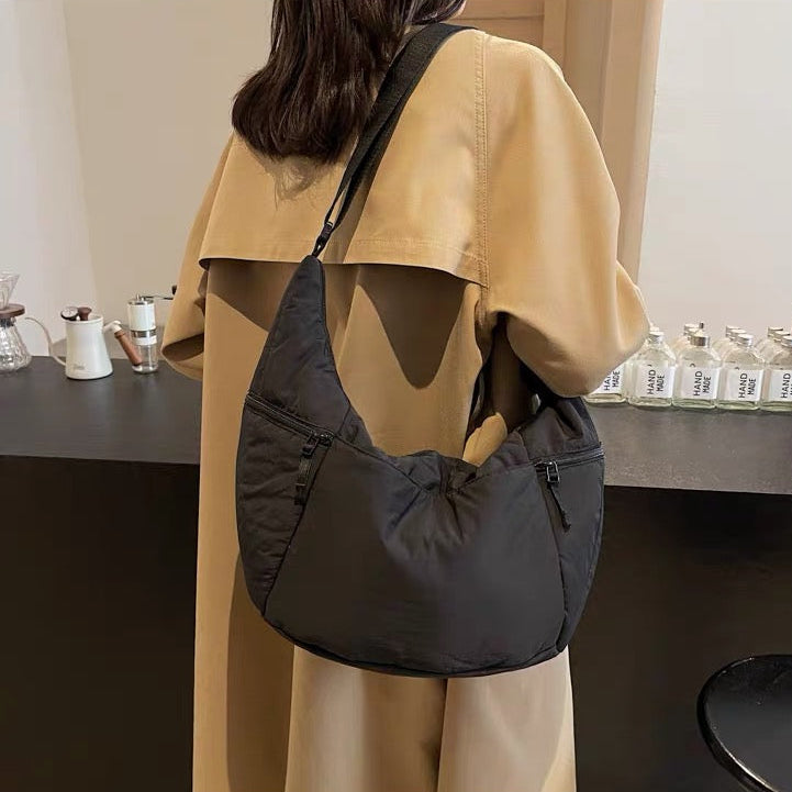 Relaxed Puffer Shoulder Bag with Adjustable Strap and Zip Pockets