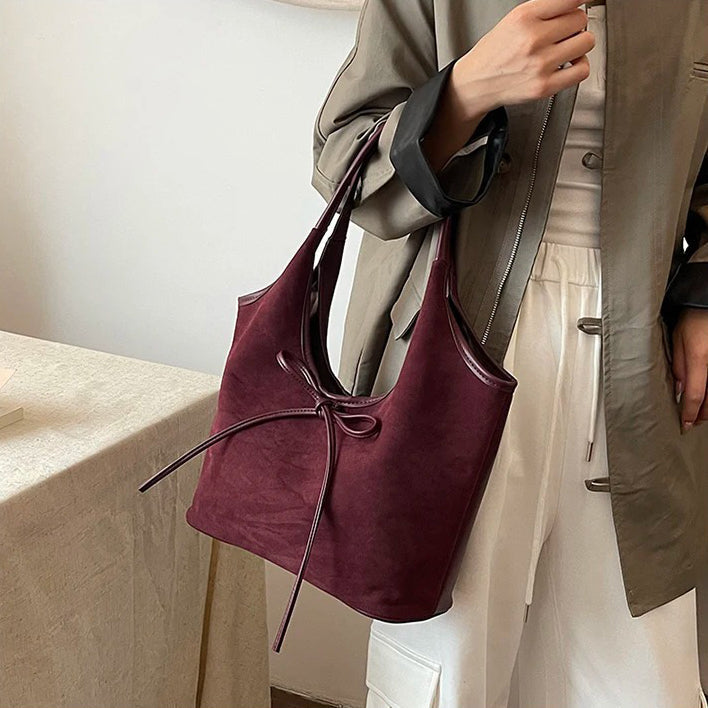 Relaxed Suede Shoulder Bag with Bow Detail