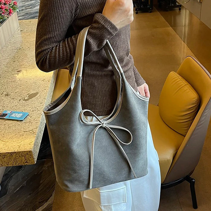 Relaxed Suede Shoulder Bag with Bow Detail