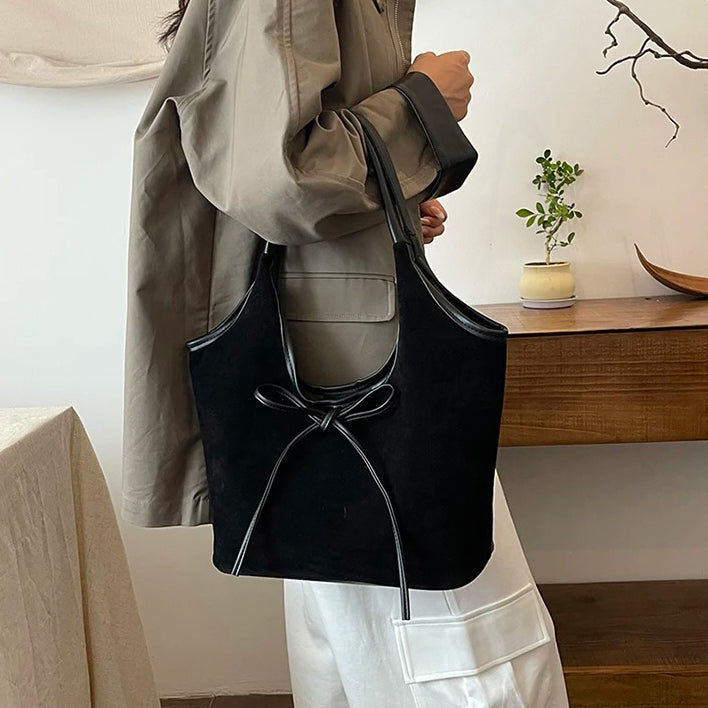 Relaxed Suede Shoulder Bag with Bow Detail