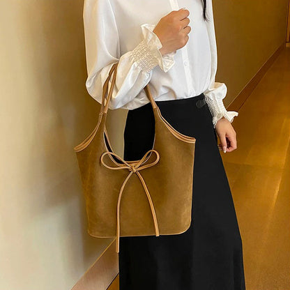 Relaxed Suede Shoulder Bag with Bow Detail