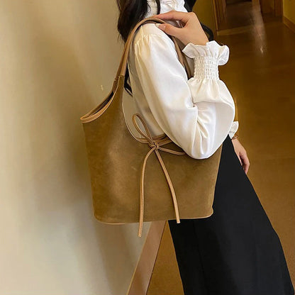Relaxed Suede Shoulder Bag with Bow Detail