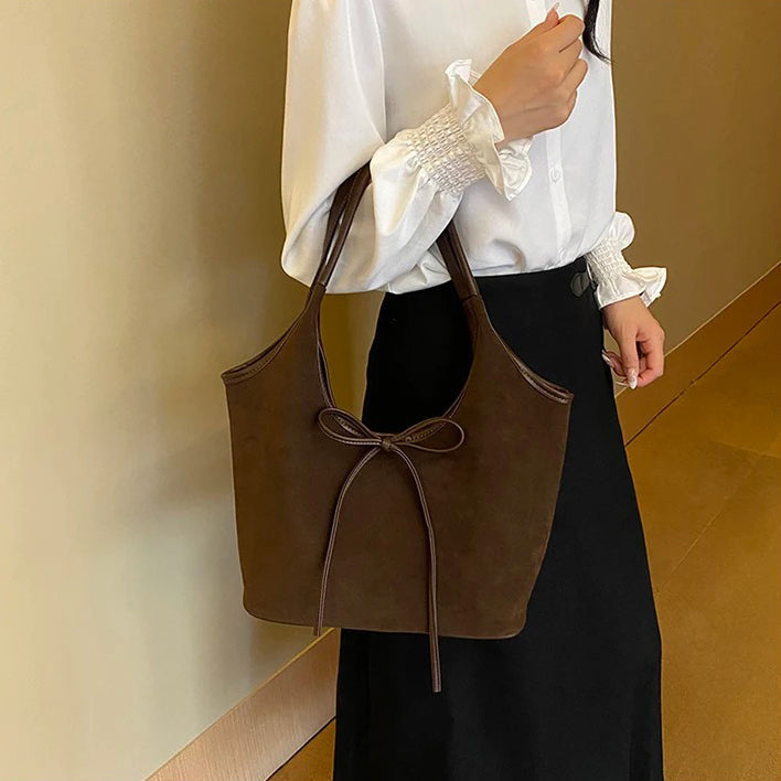 Relaxed Suede Shoulder Bag with Bow Detail
