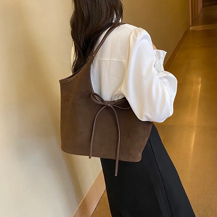 Relaxed Suede Shoulder Bag with Bow Detail