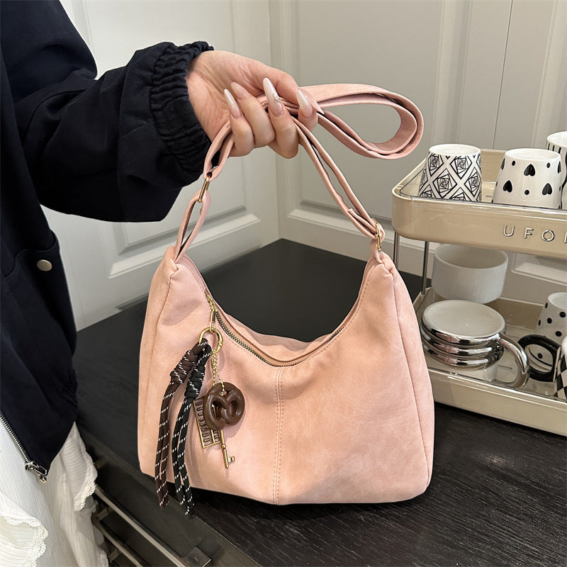 Relaxed Suede Shoulder Bag with Charm Key Pendant