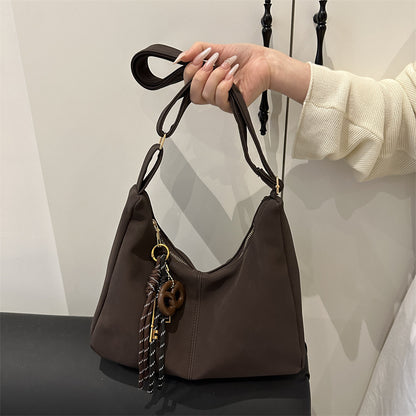 Relaxed Suede Shoulder Bag with Charm Key Pendant