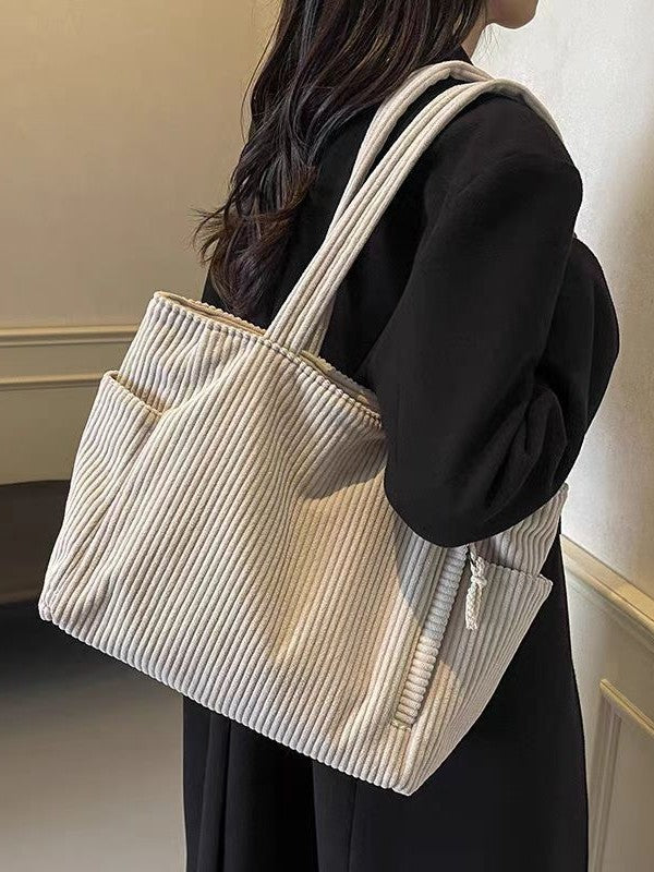 Retro Corduroy Tote Bag with Side Pockets