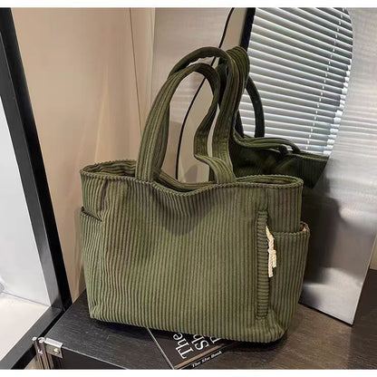 Retro Corduroy Tote Bag with Side Pockets