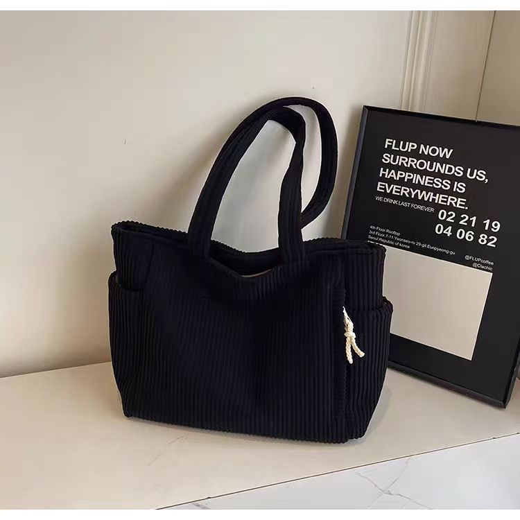 Retro Corduroy Tote Bag with Side Pockets
