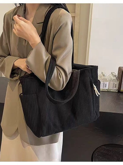 Retro Corduroy Tote Bag with Side Pockets