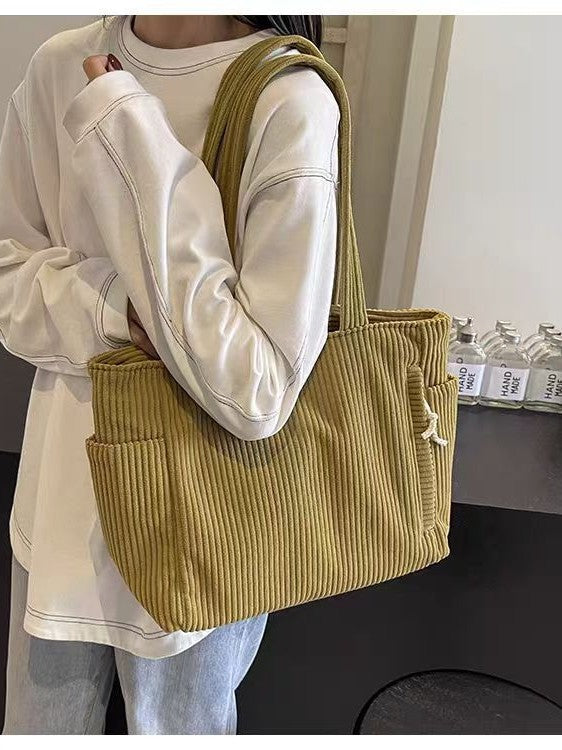 Retro Corduroy Tote Bag with Side Pockets