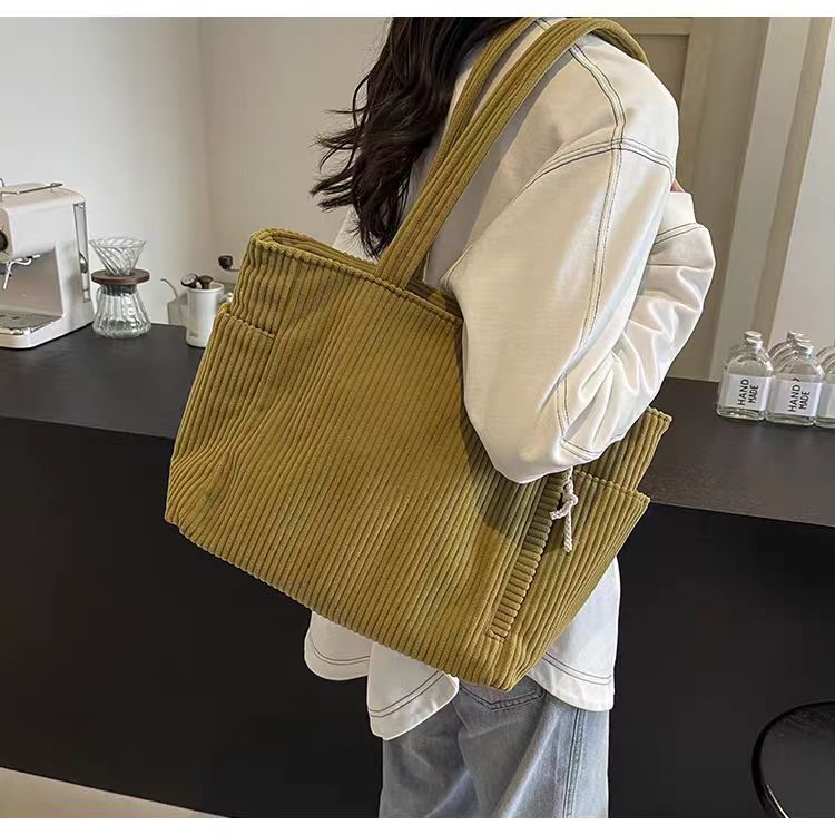 Retro Corduroy Tote Bag with Side Pockets