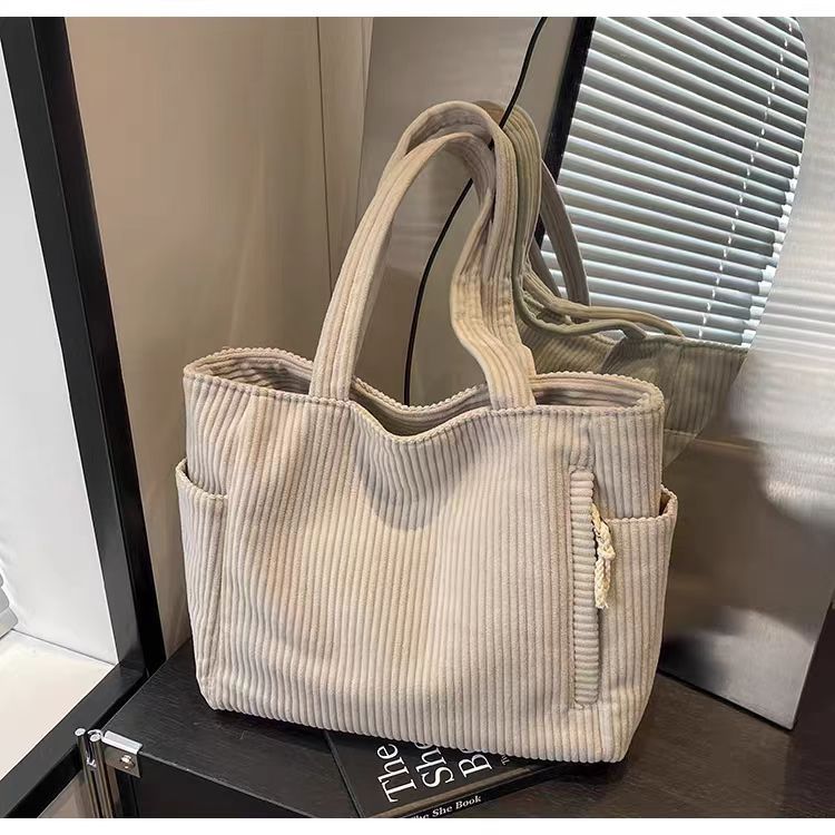 Retro Corduroy Tote Bag with Side Pockets
