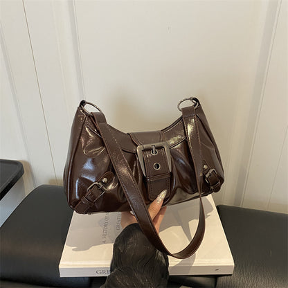 Retro Leather Shoulder Bag with Belt Buckle Detail