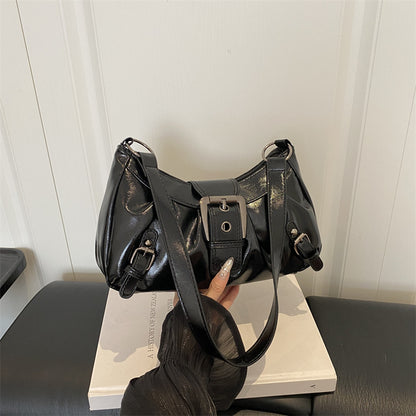 Retro Leather Shoulder Bag with Belt Buckle Detail