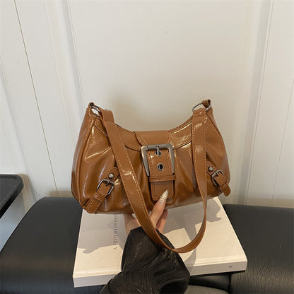 Retro Leather Shoulder Bag with Belt Buckle Detail