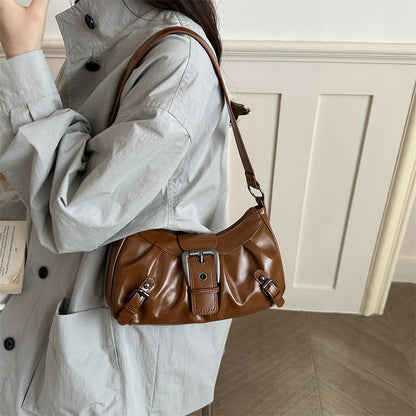 Retro Leather Shoulder Bag with Belt Buckle Detail
