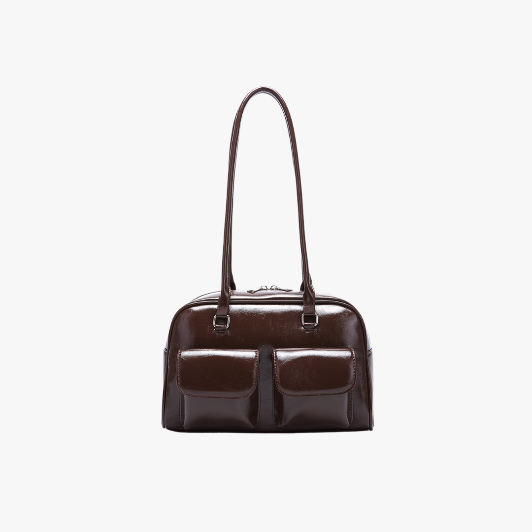 Retro Leather Shoulder Bag with Double Front Pockets