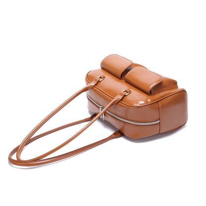 Retro Leather Shoulder Bag with Double Front Pockets