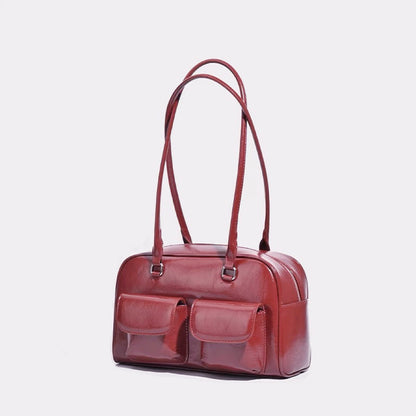Retro Leather Shoulder Bag with Double Front Pockets