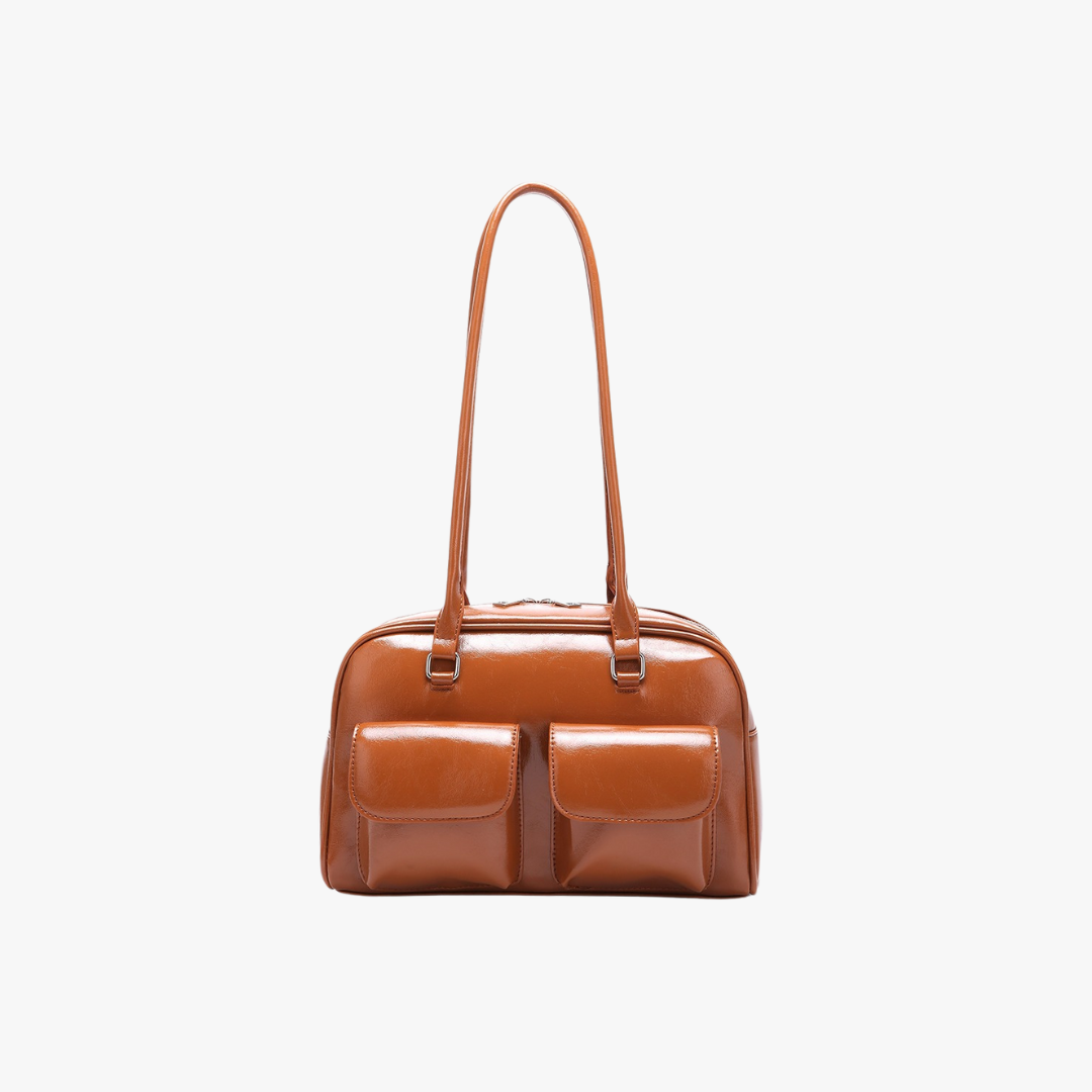 Retro Leather Shoulder Bag with Double Front Pockets