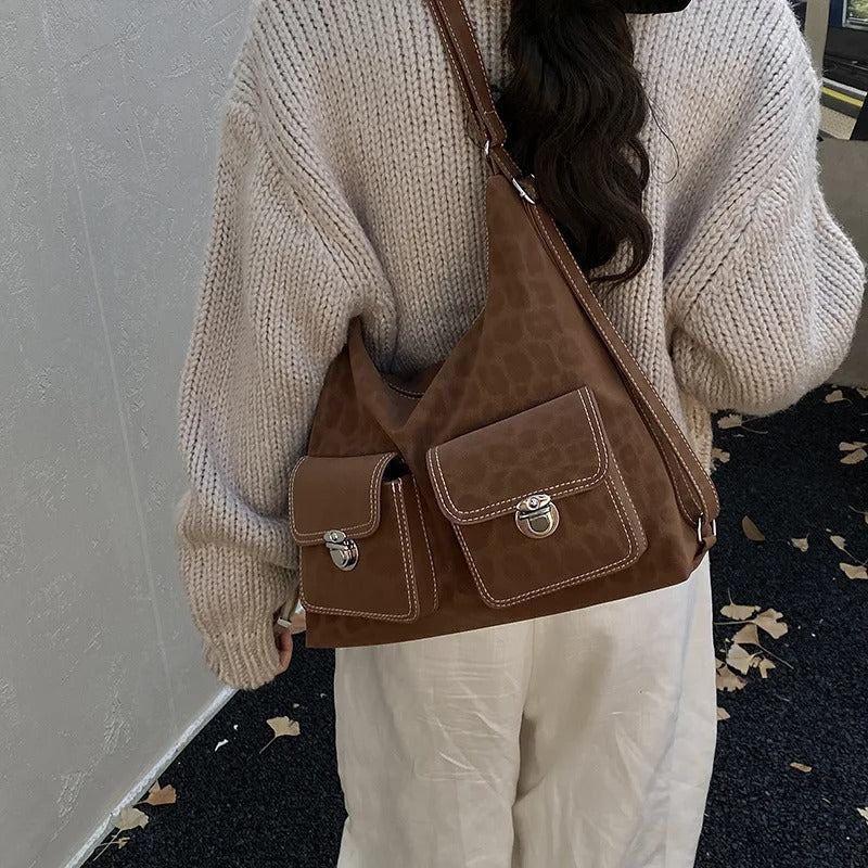 Retro Leather Shoulder Bag with Twin Front Pockets and Silver Hardware
