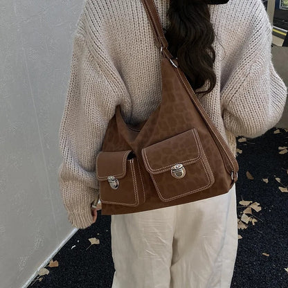 Retro Leather Shoulder Bag with Twin Front Pockets and Silver Hardware